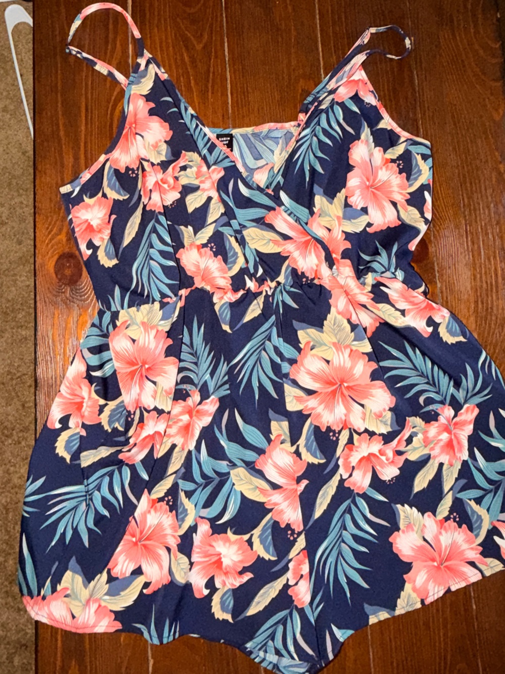 SHEIN Navy Floral Spaghetti-Strap Romper with Pink Hibiscus Print